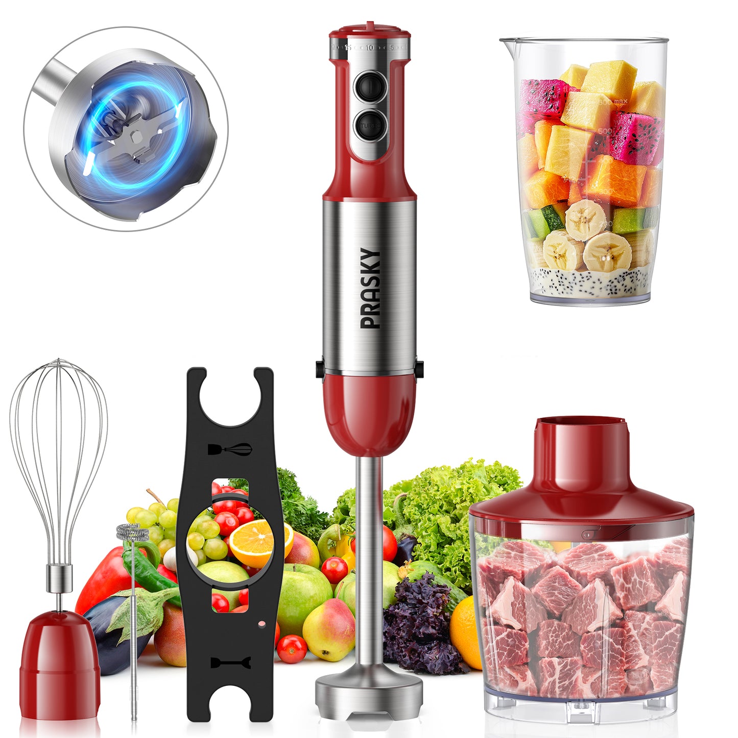 PRASKY Immersion Hand Blender, 6-in-1 Hand Blender for Kitchen, 20 Speeds Food Processor, Egg Whisk, Milk Frother, Beaker