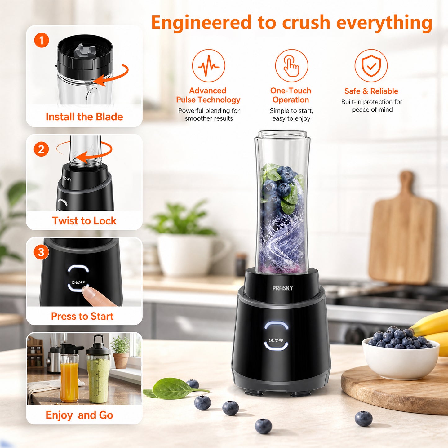 PRASKY Smoothies Blender, Blender for Kitchen with 2 To-go Cups (1x20oz,1x24oz), 6-Leaf Stainless Blade Personal Blender for Frozen Fruits & Ice (Black)