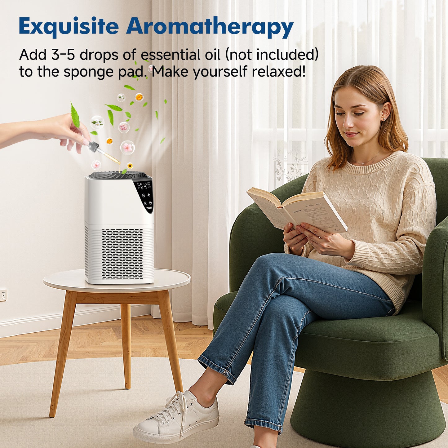 PRASKY Air Purifiers for Home up to 1076 ft², True HEPA Air Filter Cleaner, Remove Smoke Dust Pollen Pet Dander (White)