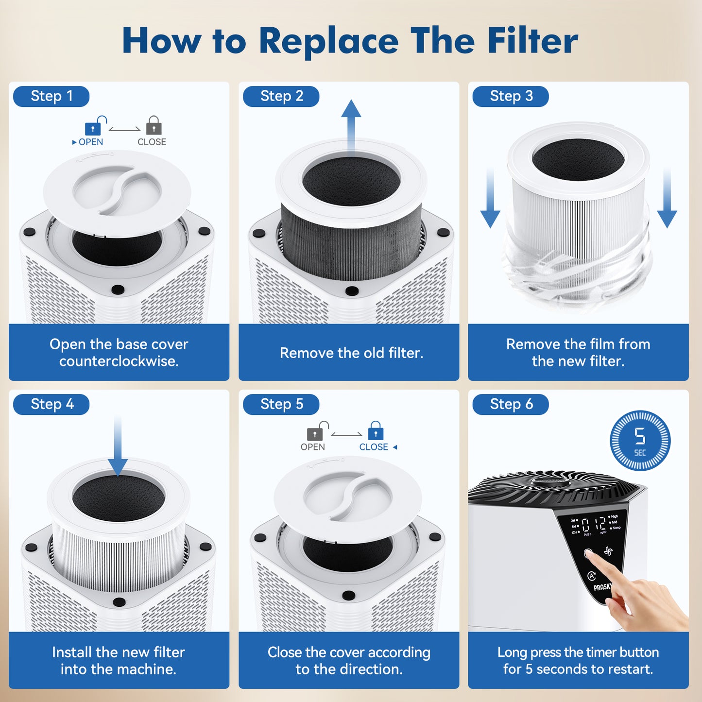 PRASKY Air Purifiers for Home up to 1076 ft², True HEPA Air Filter Cleaner, Remove Smoke Dust Pollen Pet Dander (White)