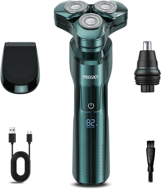 Electric Razor for Men, 3-in-1 Face Shaver, Rotary LED Display, Rechargeable, Floating Head, Replaceable Blades, Portable Travel Beard Trimmer, Hair Clippers Kit