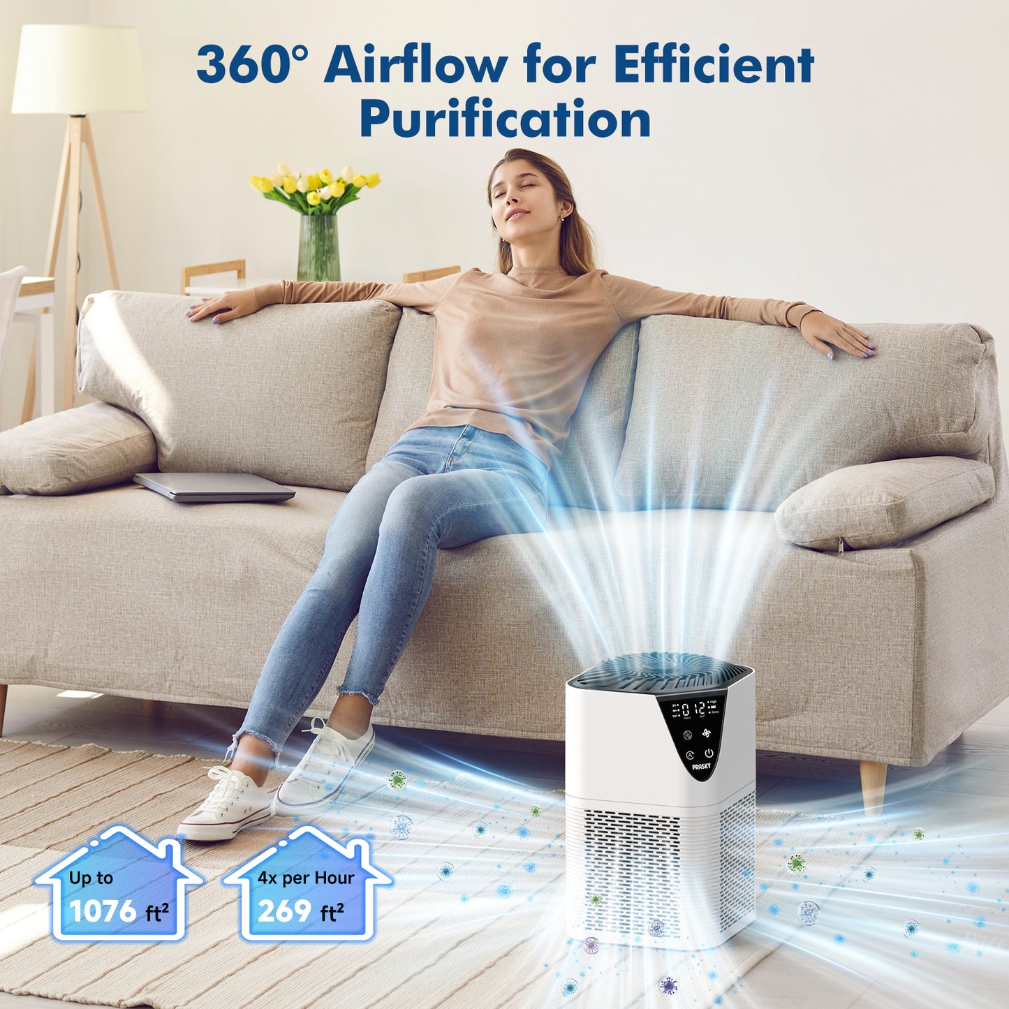 PRASKY Air Purifiers for Home up to 1076 ft², True HEPA Air Filter Cleaner, Remove Smoke Dust Pollen Pet Dander (White)