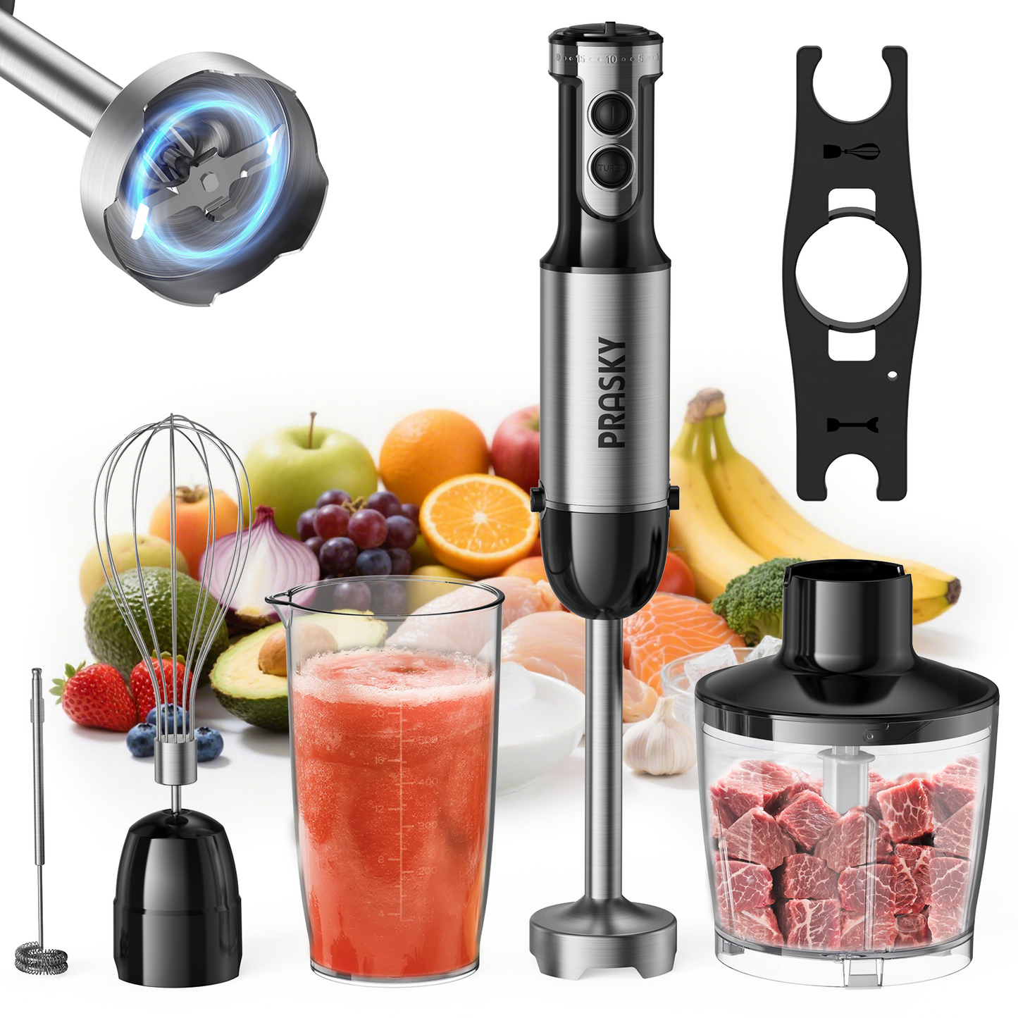 PRASKY Immersion Hand Blender, 6-in-1 Hand Blender for Kitchen, 20 Speeds Food Processor, Egg Whisk, Milk Frother, Beaker
