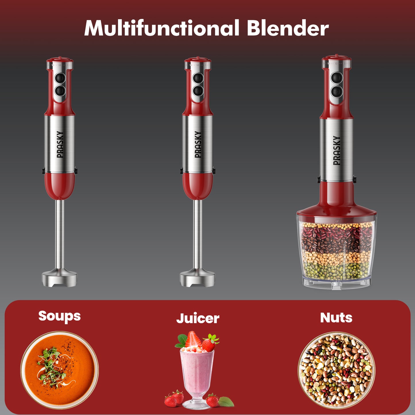 PRASKY Immersion Hand Blender, 6-in-1 Hand Blender for Kitchen, 20 Speeds Food Processor, Egg Whisk, Milk Frother, Beaker
