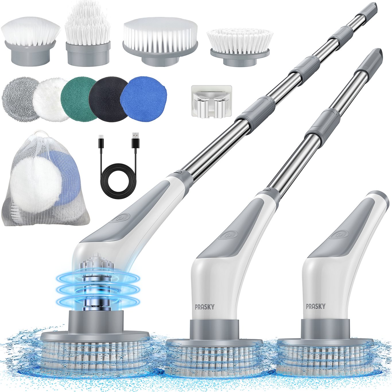 PRASKY Electric Spin Scrubber, Cordless Shower Scrubber with Long Handle, IPX8 Power Cleaning Brush with 9 Replacement Heads, Dual Speed Extendable Scrub Brush for Bathroom, Floor, Tub, Tile, Grout