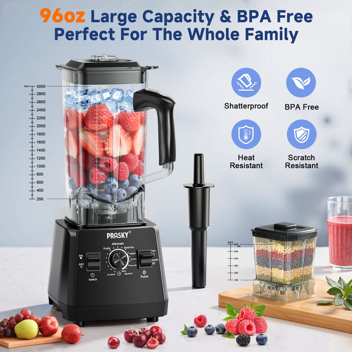 PRASKY 2-in-1 Countertop Blender, 96oz Large Capacity 1000W Motor Blender for Smoothies, Fruit, Vegetables, Coffee Bean (Black)