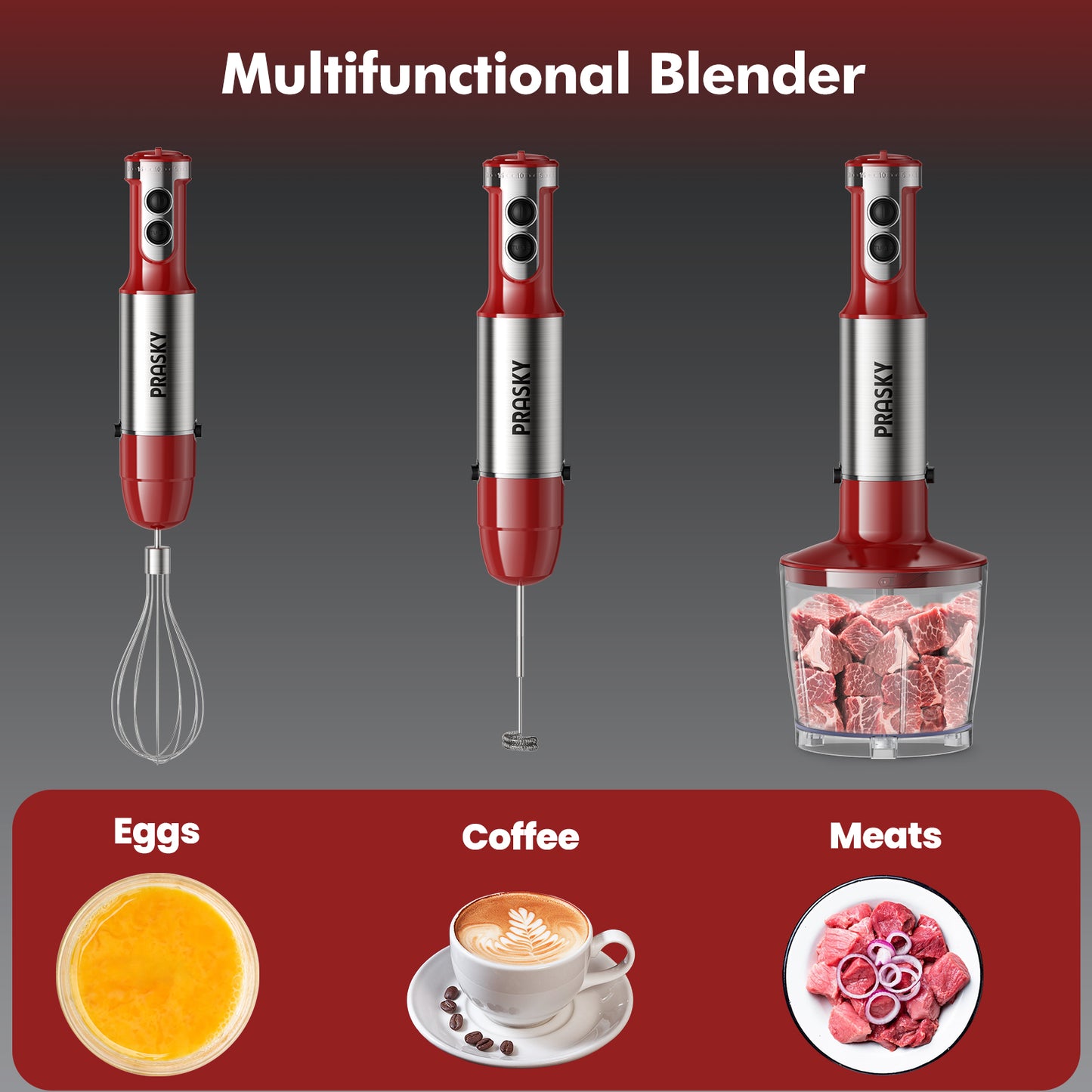 PRASKY Immersion Hand Blender, 6-in-1 Hand Blender for Kitchen, 20 Speeds Food Processor, Egg Whisk, Milk Frother, Beaker