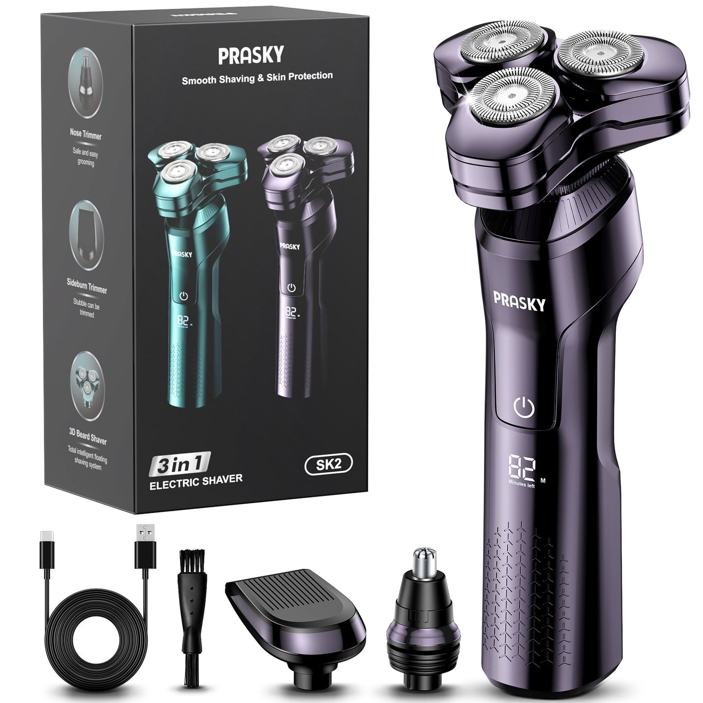 Electric Razor for Men, 3-in-1 Face Shaver, Rotary LED Display, Rechargeable, Floating Head, Replaceable Blades, Portable Travel Beard Trimmer, Hair Clippers Kit, Ideal Gift - Purple