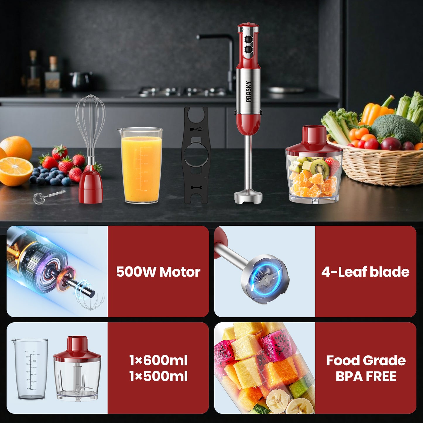 PRASKY Immersion Hand Blender, 6-in-1 Hand Blender for Kitchen, 20 Speeds Food Processor, Egg Whisk, Milk Frother, Beaker