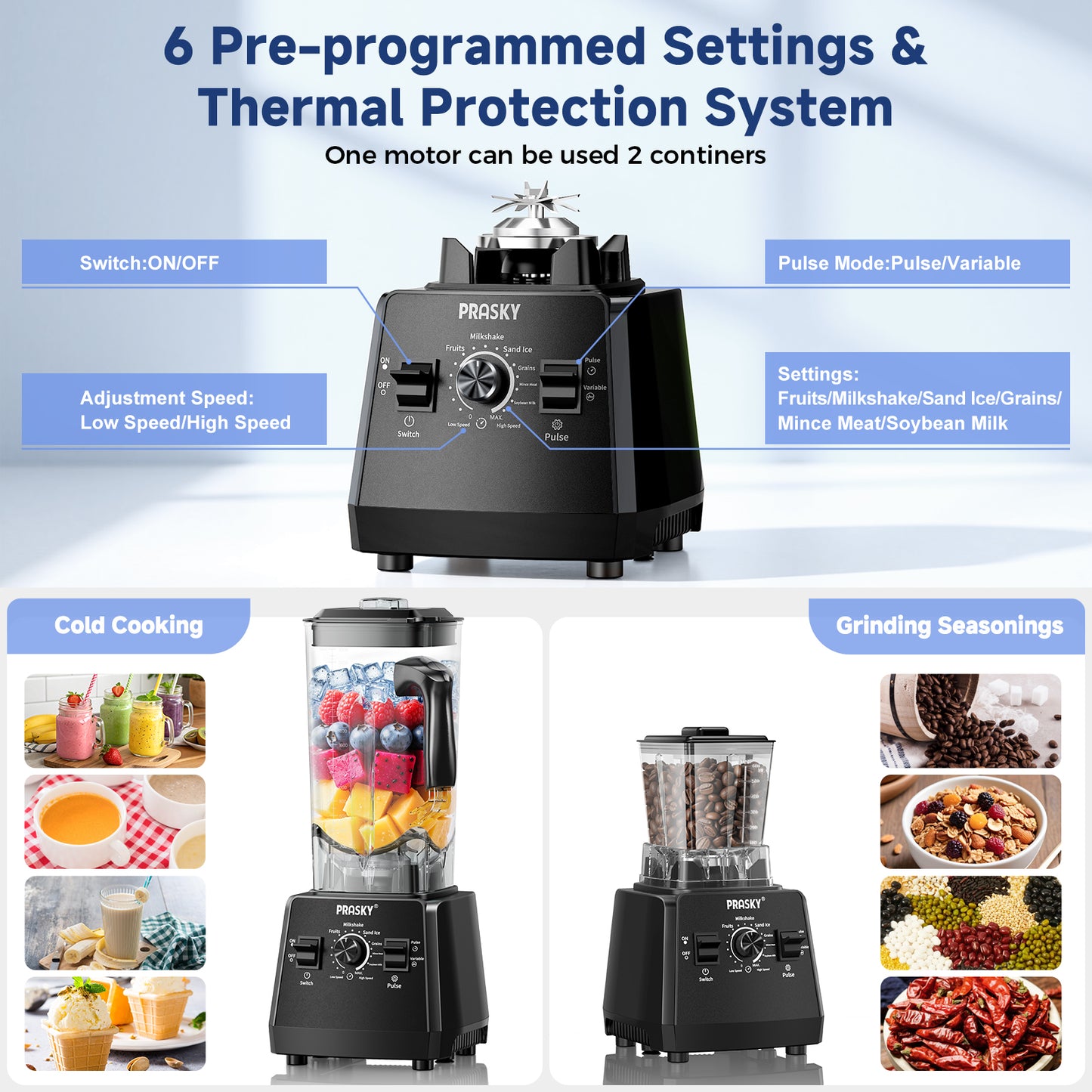 PRASKY 2-in-1 Countertop Blender, 96oz Large Capacity 1000W Motor Blender for Smoothies, Fruit, Vegetables, Coffee Bean (Black)