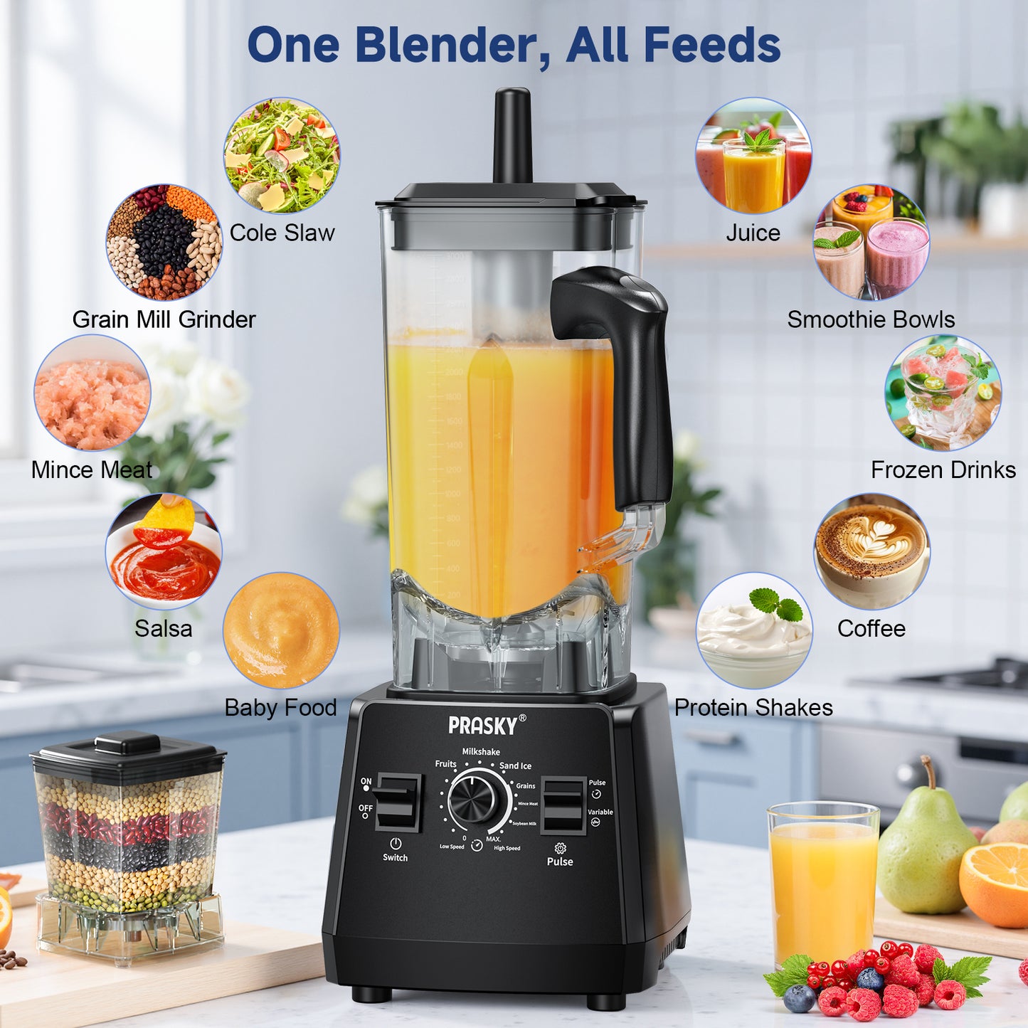 PRASKY 2-in-1 Countertop Blender, 96oz Large Capacity 1000W Motor Blender for Smoothies, Fruit, Vegetables, Coffee Bean (Black)