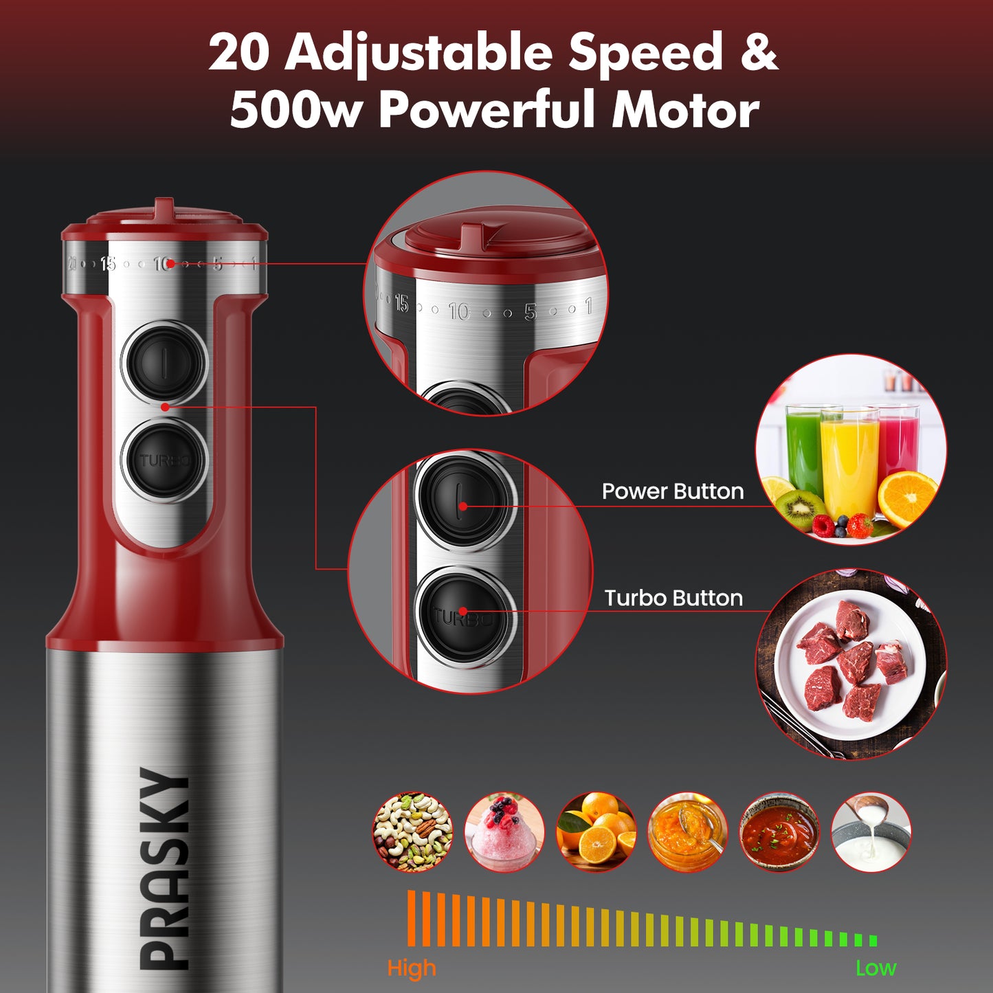 PRASKY Immersion Hand Blender, 6-in-1 Hand Blender for Kitchen, 20 Speeds Food Processor, Egg Whisk, Milk Frother, Beaker