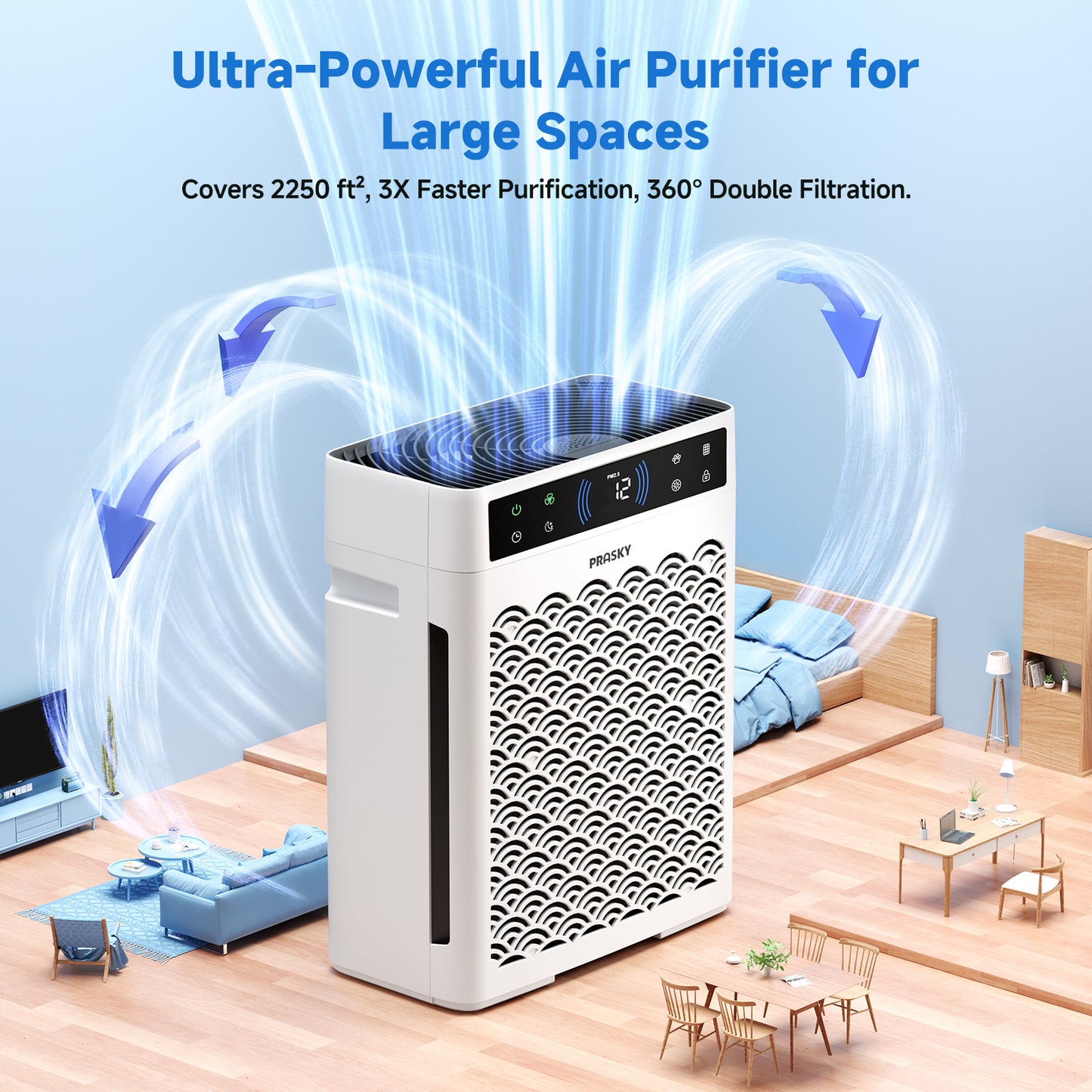 Air Purifier, PRASKY Air Purifier for Home Large Room with Activated Carbon & True HEPA Air Filters Up To 99.97% of Dust Pets Smoke Pollen Dander Smell Hair, Air Cleaner Office, Dorm room, Pets, Car