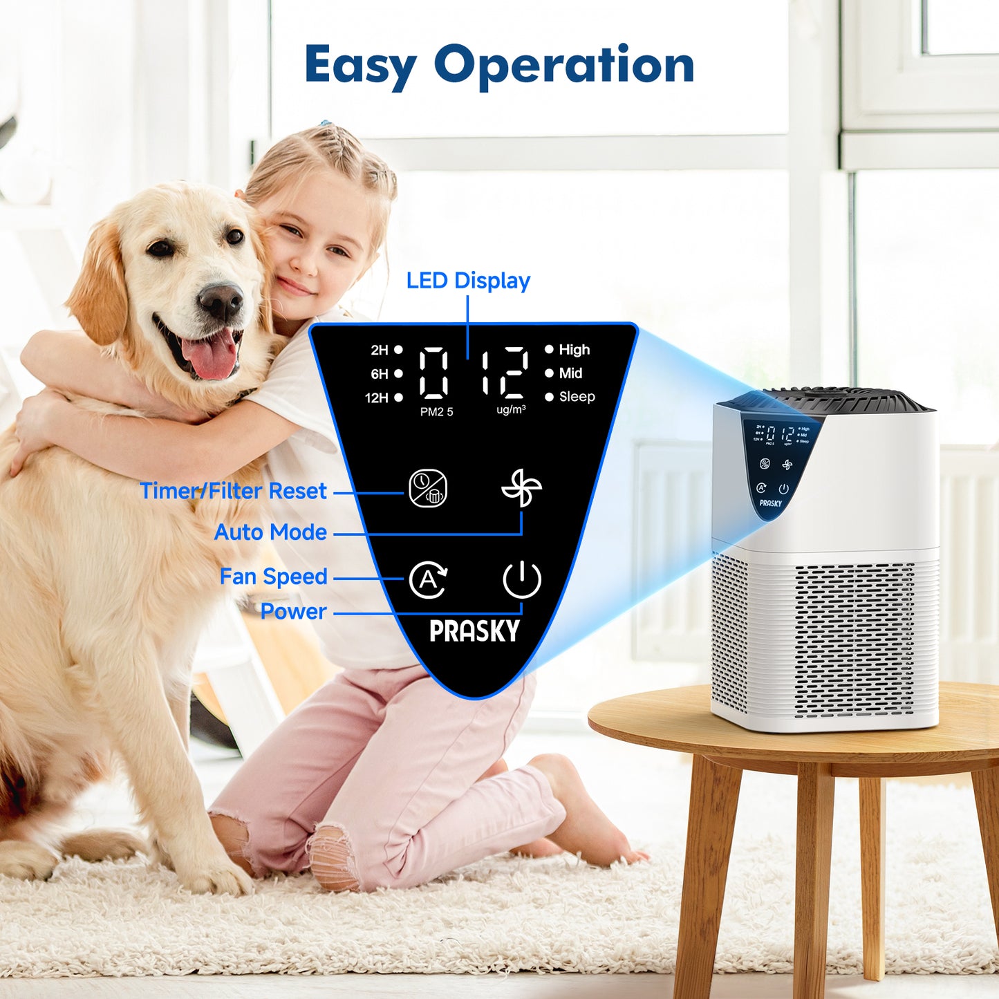 PRASKY Air Purifiers for Home up to 1076 ft², True HEPA Air Filter Cleaner, Remove Smoke Dust Pollen Pet Dander (White)