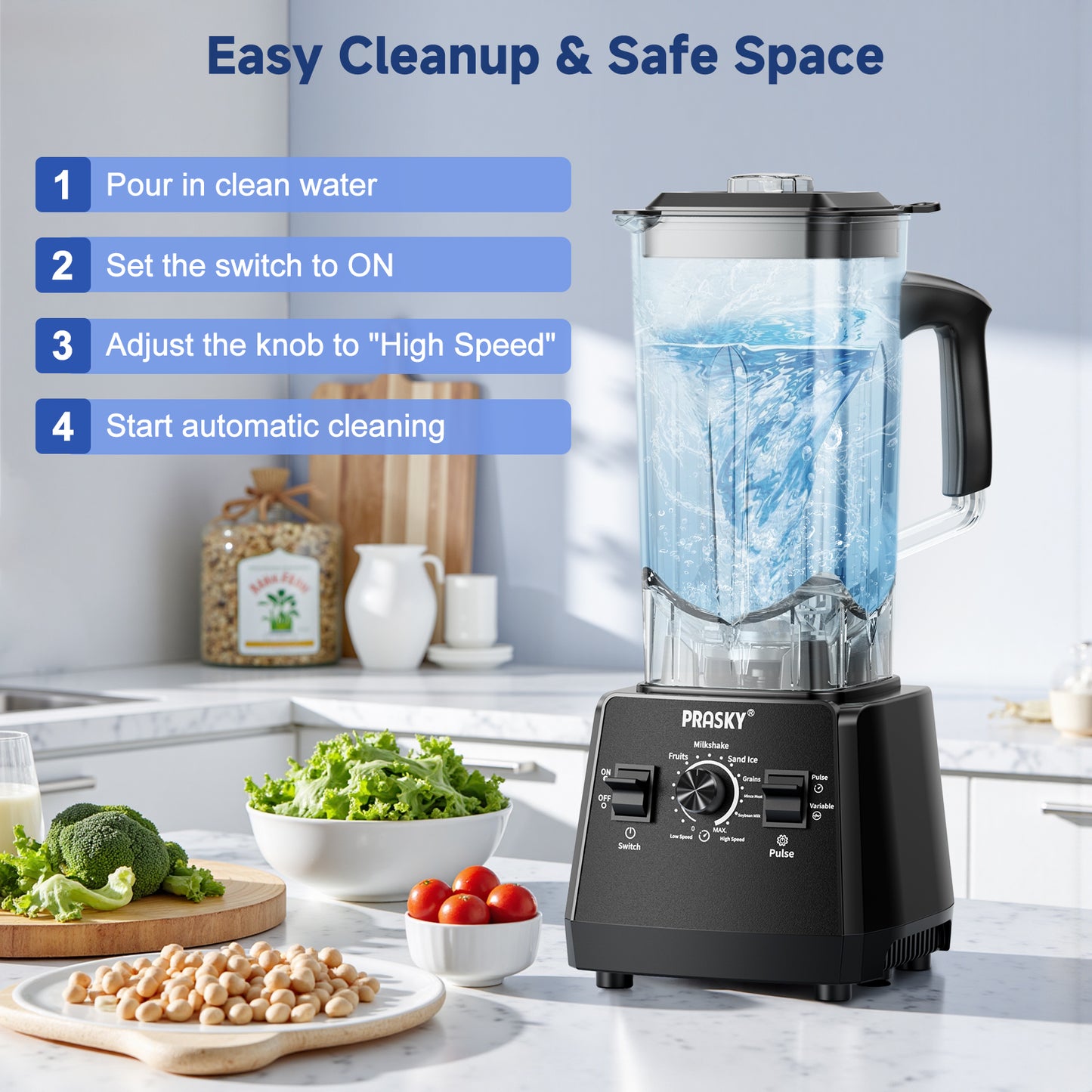 PRASKY 2-in-1 Countertop Blender, 96oz Large Capacity 1000W Motor Blender for Smoothies, Fruit, Vegetables, Coffee Bean (Black)