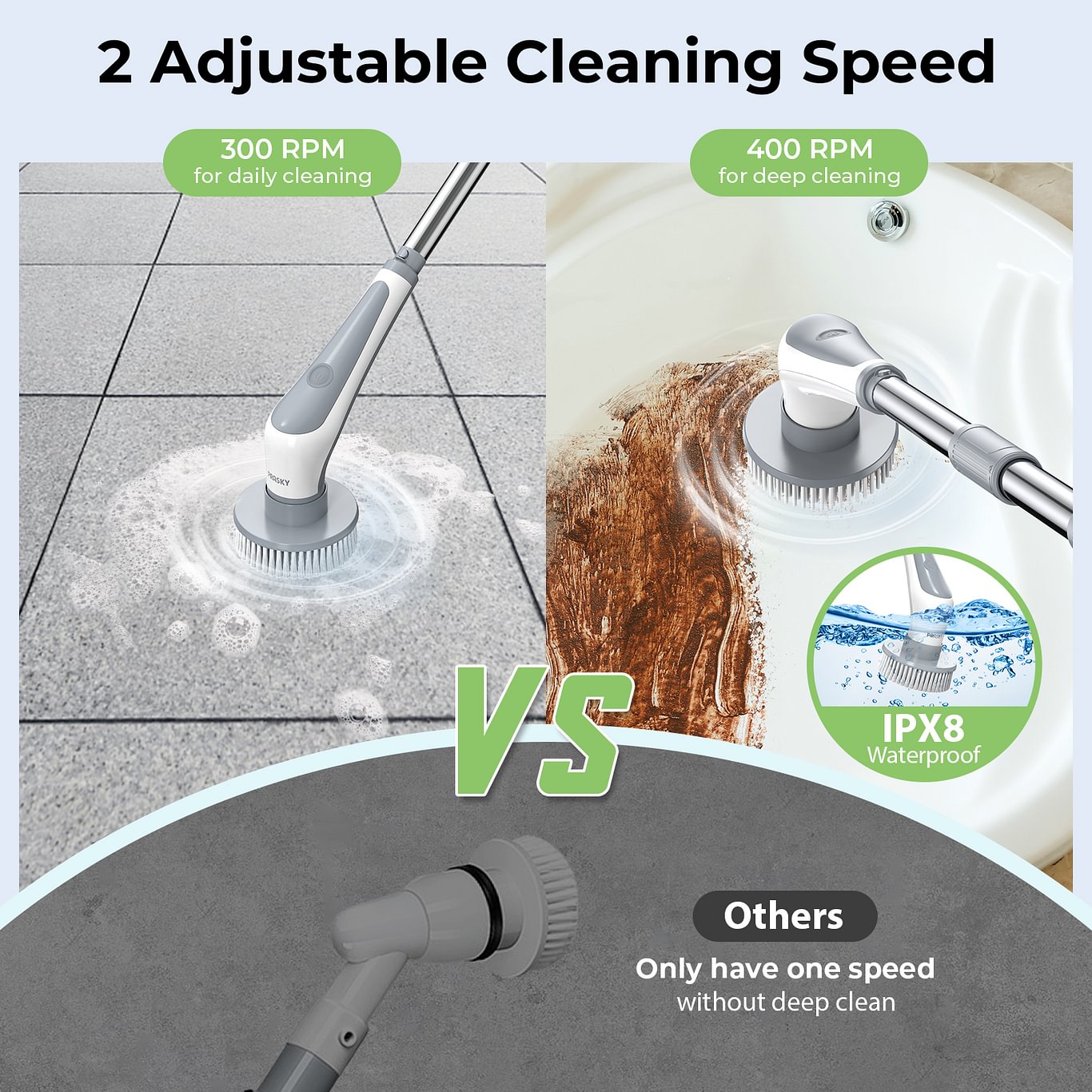 PRASKY Electric Spin Scrubber, Cordless Shower Scrubber with Long Handle, IPX8 Power Cleaning Brush with 9 Replacement Heads, Dual Speed Extendable Scrub Brush for Bathroom, Floor, Tub, Tile, Grout