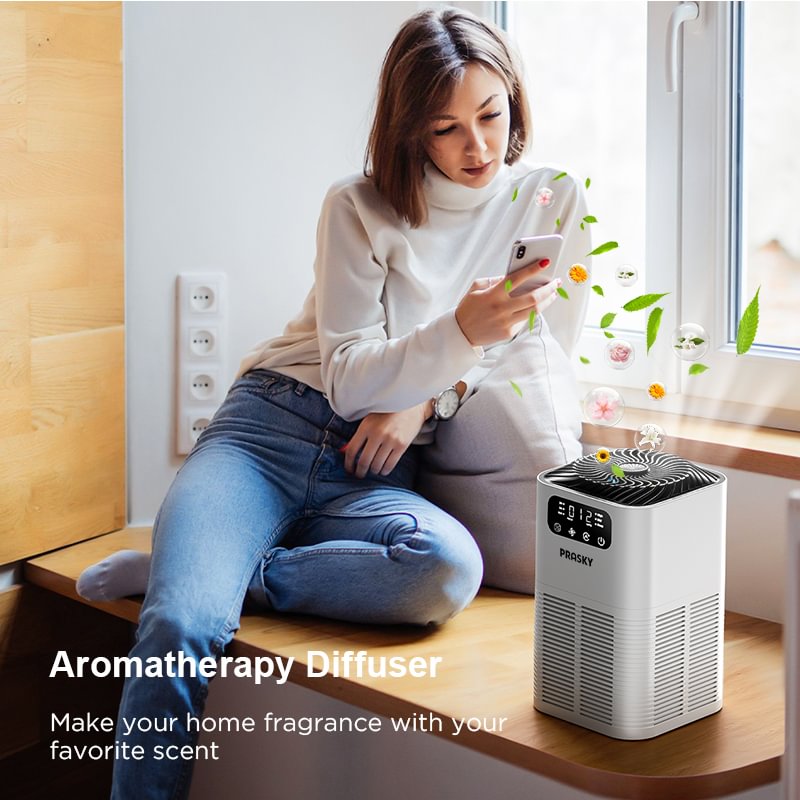 Air Purifiers for Home, PRASKY Air Purifiers for Home Large Room Up to 1076Ft², H13 True HEPA Air Filter with Fragrance Sponge, 25dB Quiet Air Purifiers for Bedroom Smoke Pet Dander Dust Pollen Odor