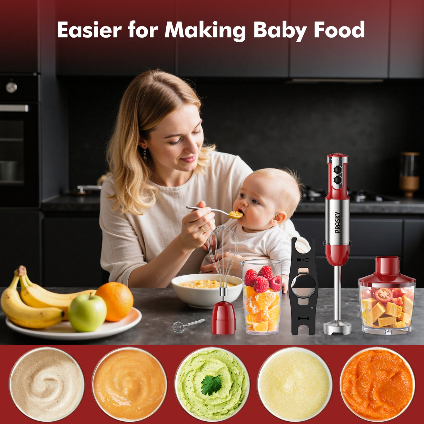 PRASKY Immersion Hand Blender, 6-in-1 Hand Blender for Kitchen, 20 Speeds Food Processor, Egg Whisk, Milk Frother, Beaker