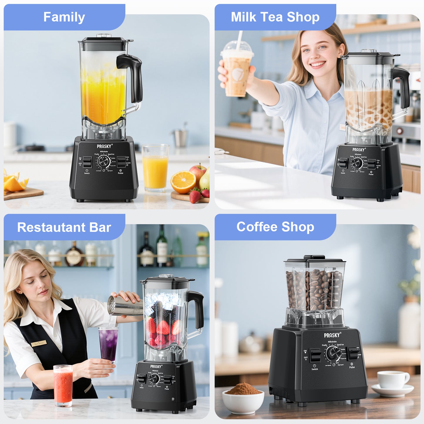 PRASKY 2-in-1 Countertop Blender, 96oz Large Capacity 1000W Motor Blender for Smoothies, Fruit, Vegetables, Coffee Bean (Black)