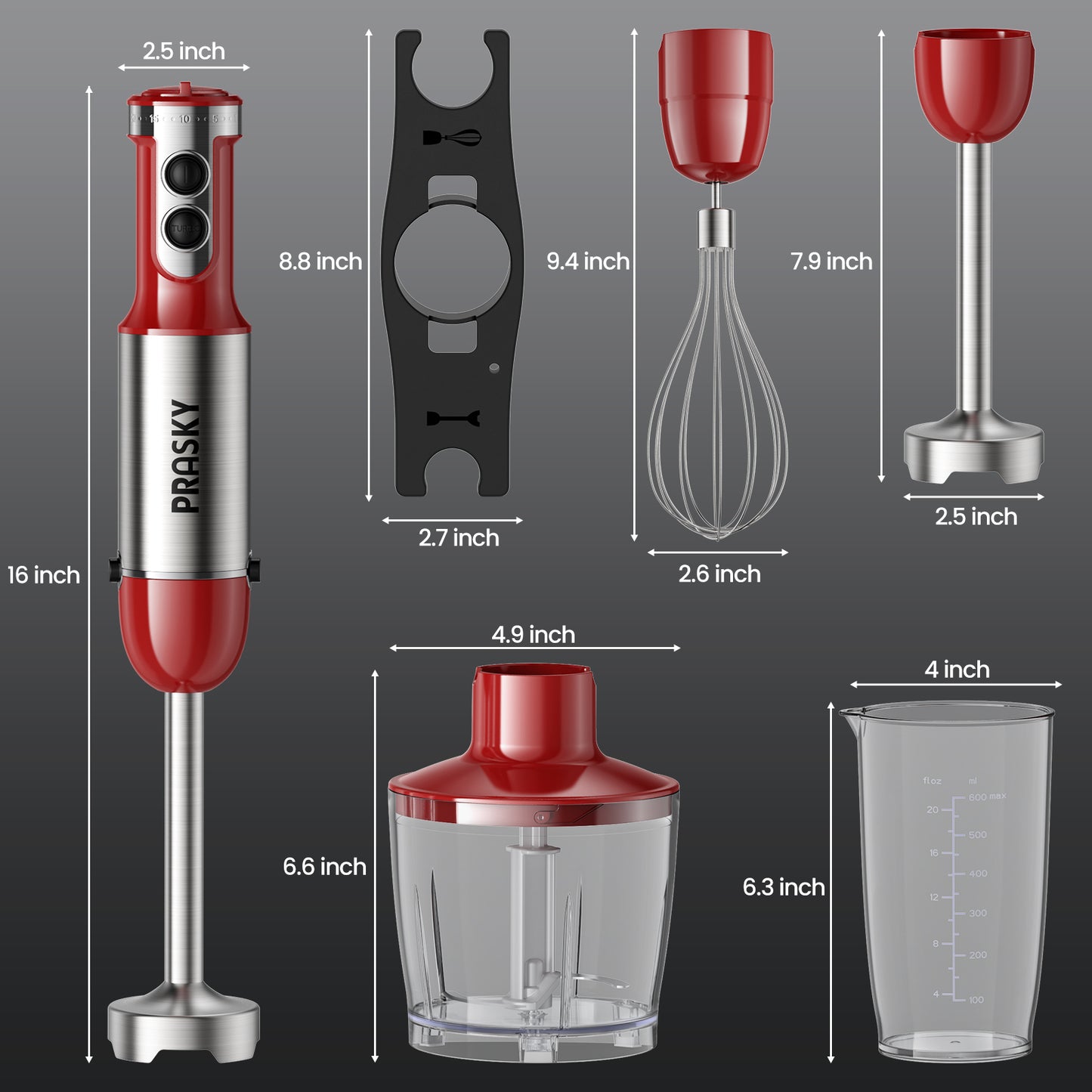 PRASKY Immersion Hand Blender, 6-in-1 Hand Blender for Kitchen, 20 Speeds Food Processor, Egg Whisk, Milk Frother, Beaker