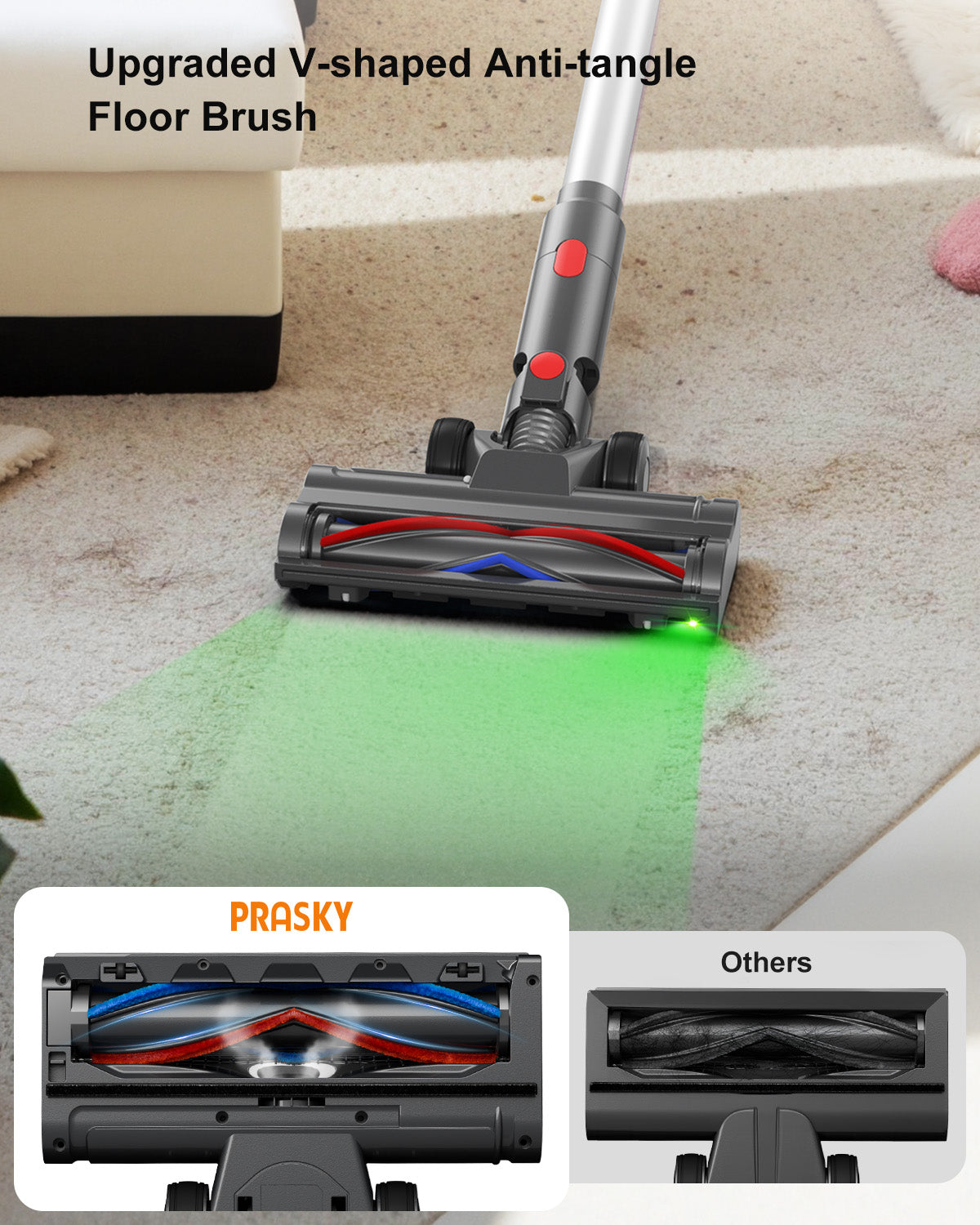 PRASKY Cordless Stick Vacuum Cleaner Adjustable Length Lightweight for Carpet Hard Floor Pet Hair