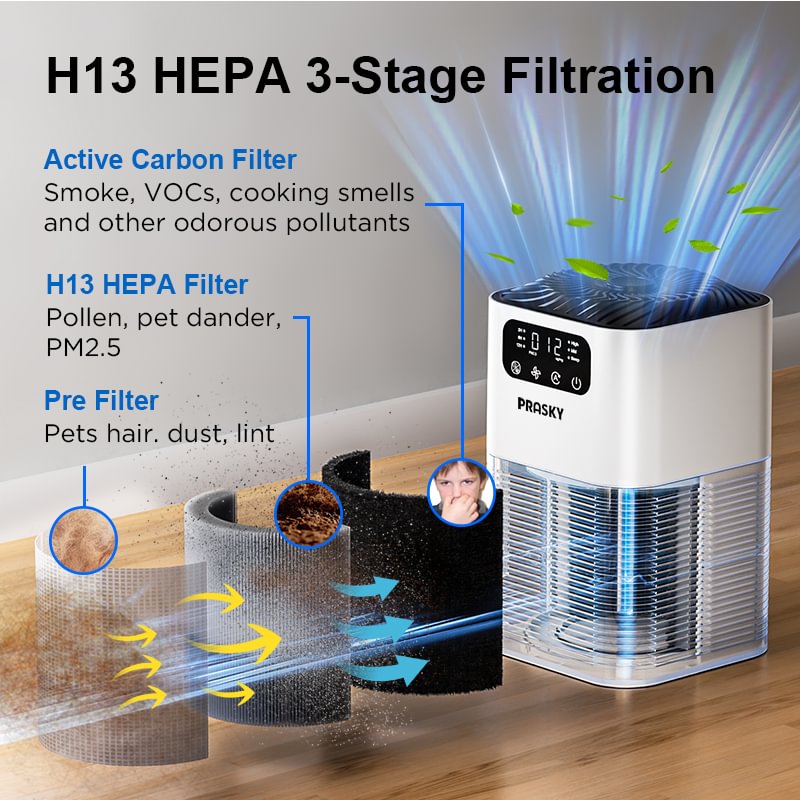 Air Purifiers for Home, PRASKY Air Purifiers for Home Large Room Up to 1076Ft², H13 True HEPA Air Filter with Fragrance Sponge, 25dB Quiet Air Purifiers for Bedroom Smoke Pet Dander Dust Pollen Odor