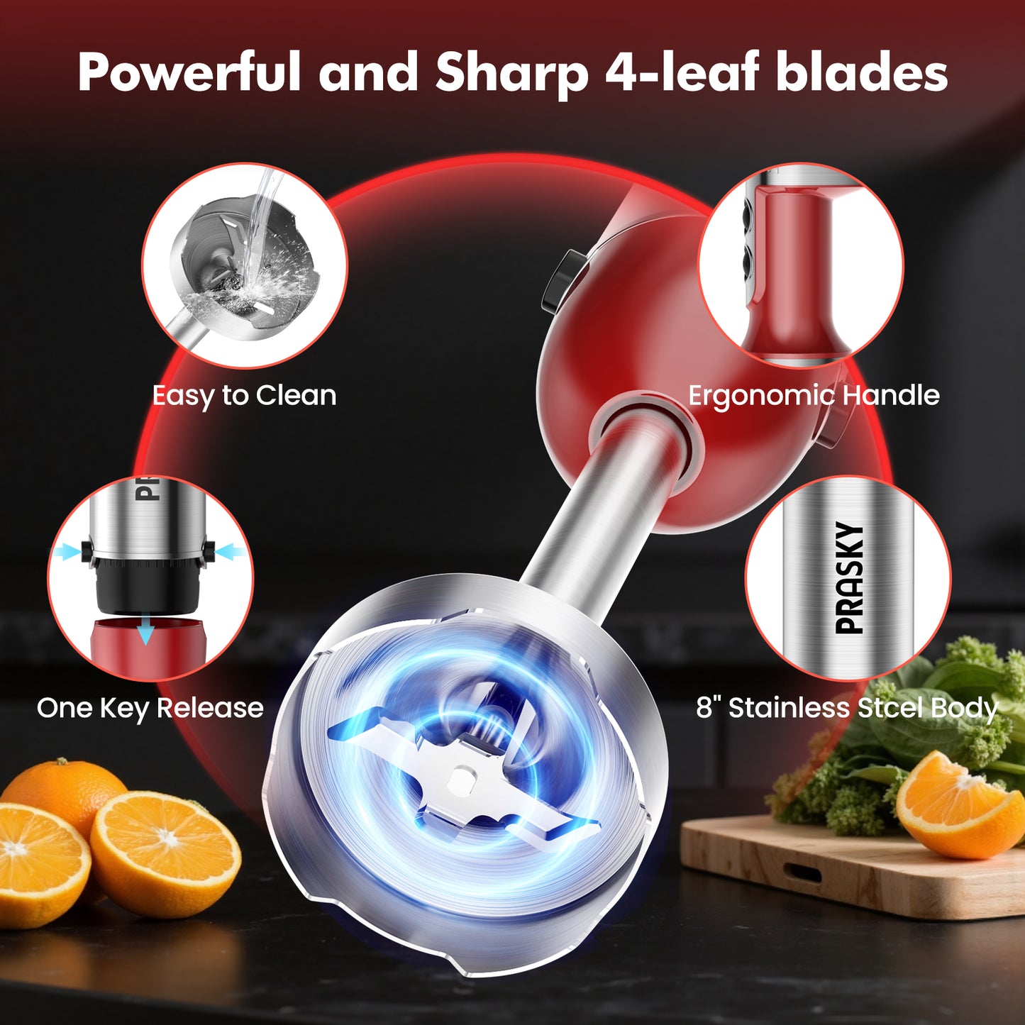 PRASKY Immersion Hand Blender, 6-in-1 Hand Blender for Kitchen, 20 Speeds Food Processor, Egg Whisk, Milk Frother, Beaker