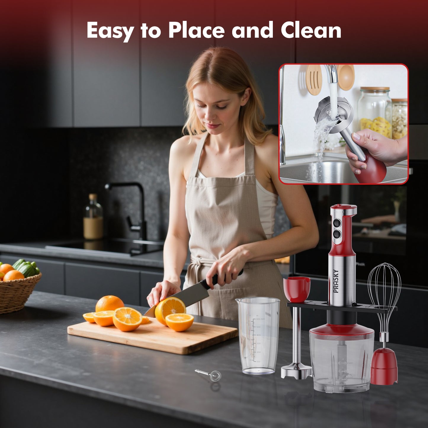 PRASKY Immersion Hand Blender, 6-in-1 Hand Blender for Kitchen, 20 Speeds Food Processor, Egg Whisk, Milk Frother, Beaker