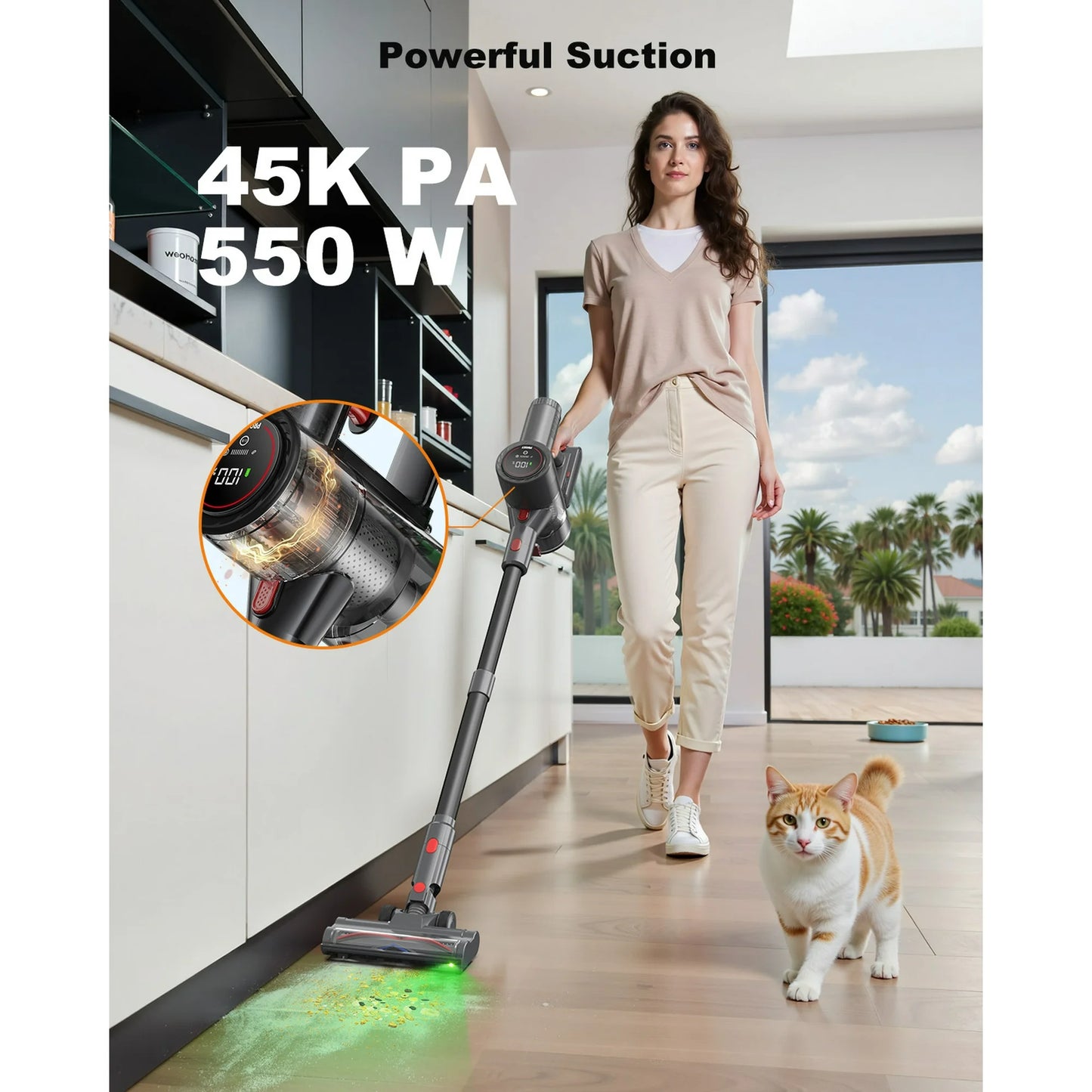 PRASKY Cordless Vacuum Cleaner, 250W Vacuum Cleaners for Home, 45mins Runtime Rechargeable Lightweight Vacuums for Hardwood Floor, Pet Hair