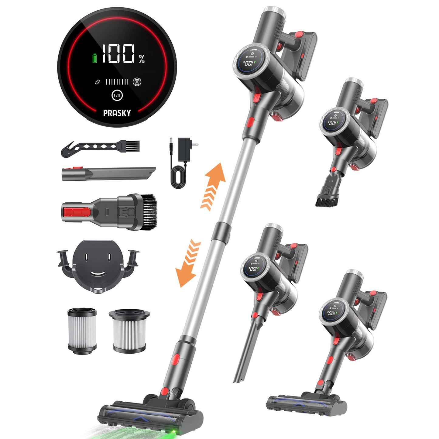 PRASKY Cordless Vacuum Cleaner, 250W Vacuum Cleaners for Home, 45mins Runtime Rechargeable Lightweight Vacuums for Hardwood Floor, Pet Hair