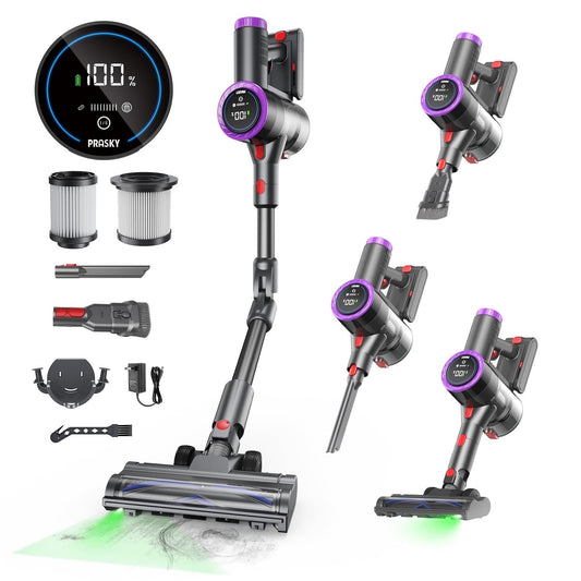 2B - PRASKY Cordless Vacuum Cleaner, 250W Vacuum Cleaners for Home, 45mins Runtime Rechargeable Lightweight Vacuums for Hardwood Floor, Pet Hair (Purple)