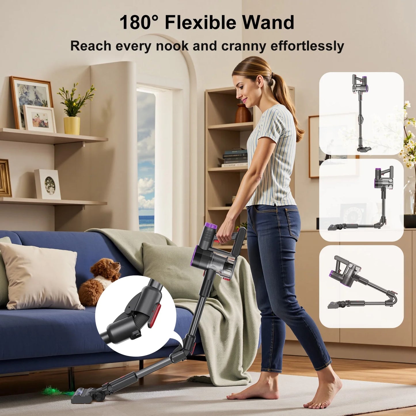 PRASKY Cordless Vacuum Cleaner, 250W Vacuum Cleaners for Home, 45mins Runtime Rechargeable Lightweight Vacuums for Hardwood Floor, Pet Hair (Purple)