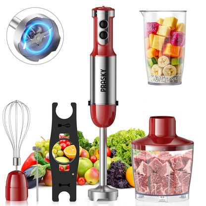 PRASKY Immersion Hand Blender, 6-in-1 Hand Blender for Kitchen, 20 Speeds Food Processor, Egg Whisk, Milk Frother, Beaker