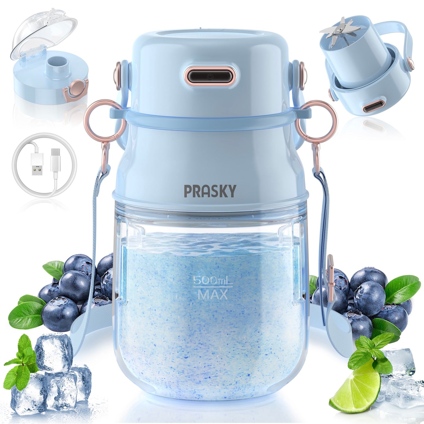 PRASKY Portable Blender, BPA Free 27oz for Juicer, Smoothies and Shakes (Blue)
