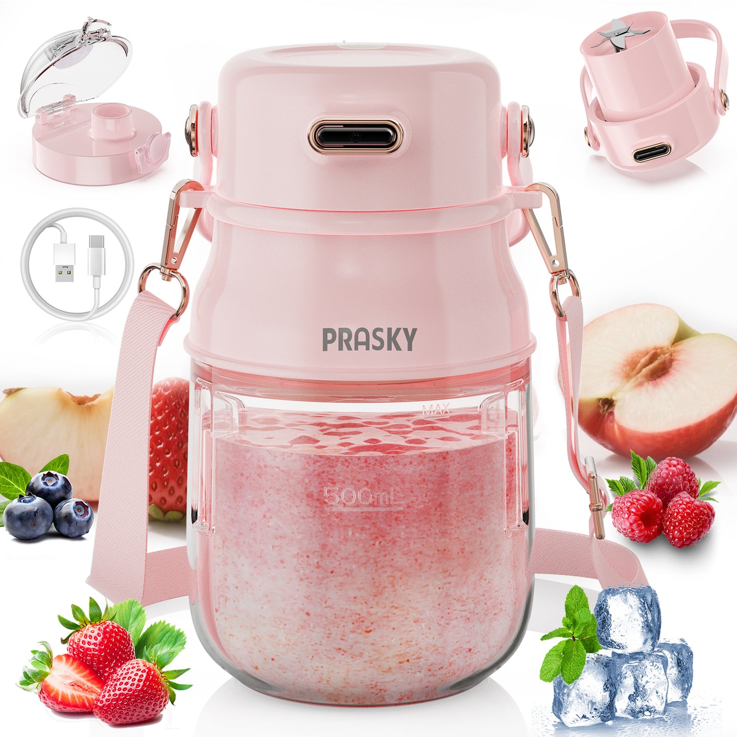 PRASKY Portable Blender, BPA Free 27oz for Juicer, Smoothies and Shakes (Pink)