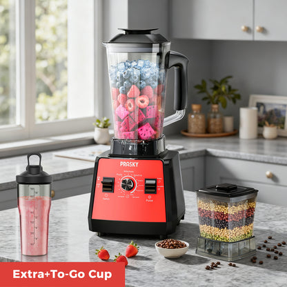 PRASKY Countertop Blender, 2-in-1 Professional Blender, 68oz Capacity 1000W 6 Speeds Blender for Kitchen with 25oz to-go Cup (Red)