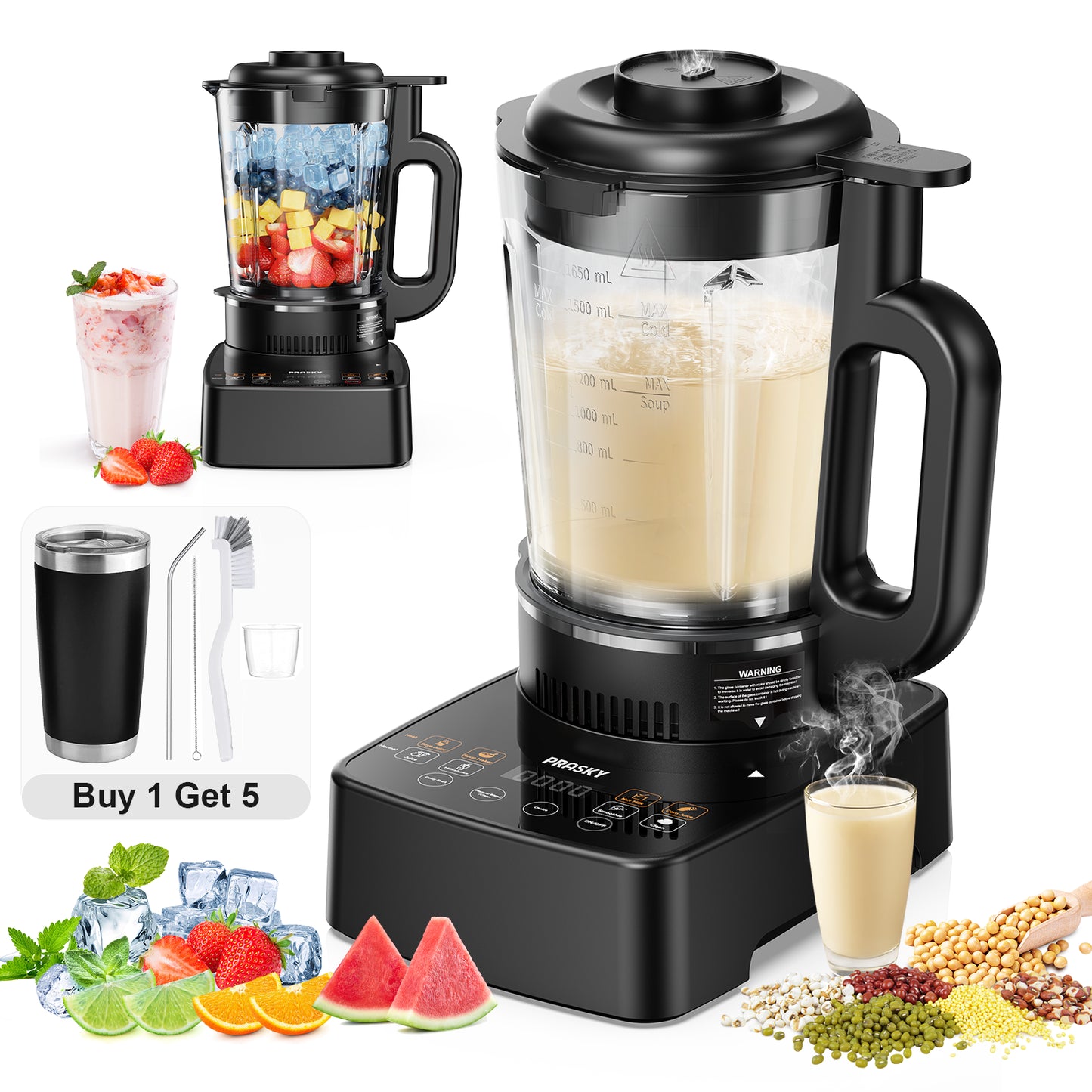 PRASKY Standmixer mit Heizung, 53-oz-Glasbehälter, 1000-W-Mixer für Smoothies, Nussmilch, Suppe