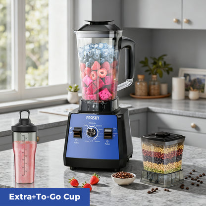 2026 PRASKY Countertop Blender, 2-in-1 Professional Blender, 68oz Capacity 1000W 6 Speeds Blender for Kitchen with 25oz to-go Cup (Blue)