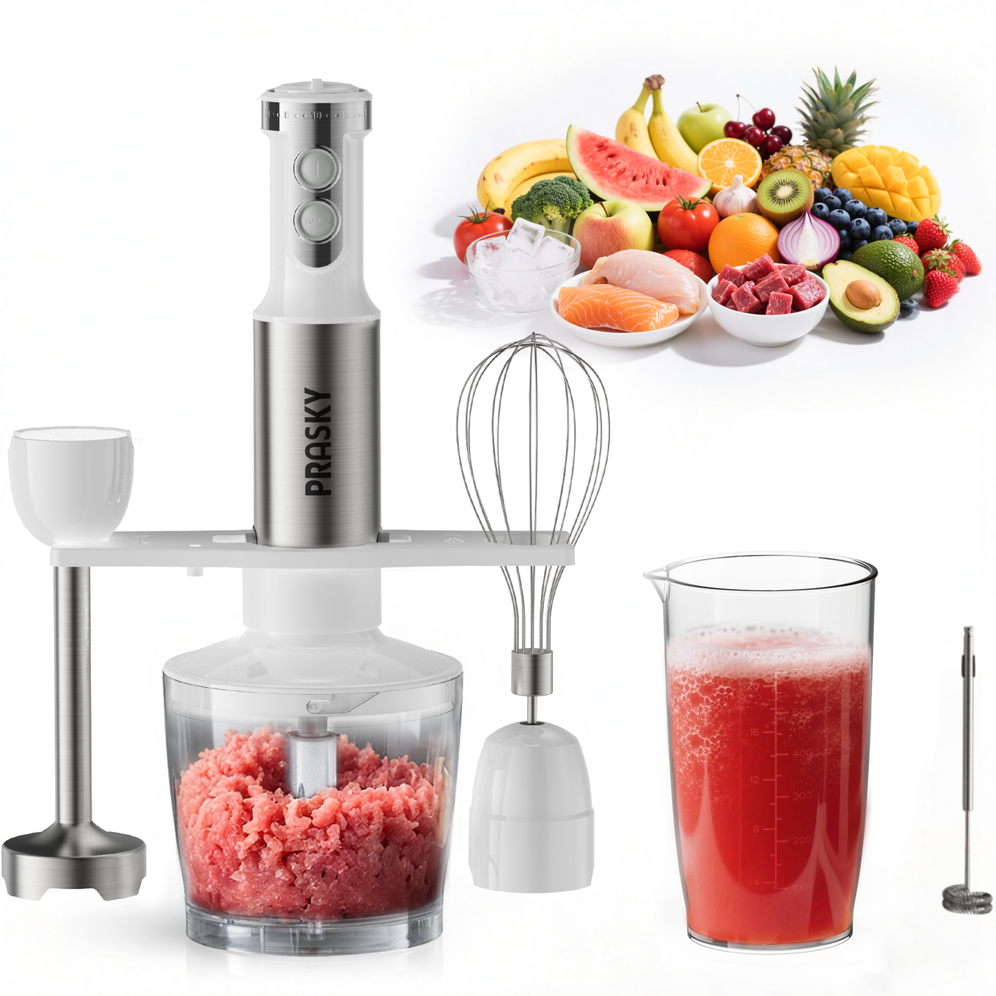 PRASKY Immersion Hand Blender, 6-in-1 Handheld Blender for Kitchen, 20 Speeds Food Processor, Egg Whisk, Milk Frother, Beaker (White)