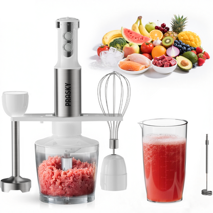 PRASKY Immersion Hand Blender, 6-in-1 Handheld Blender for Kitchen, 20 Speeds Food Processor, Egg Whisk, Milk Frother, Beaker (White)