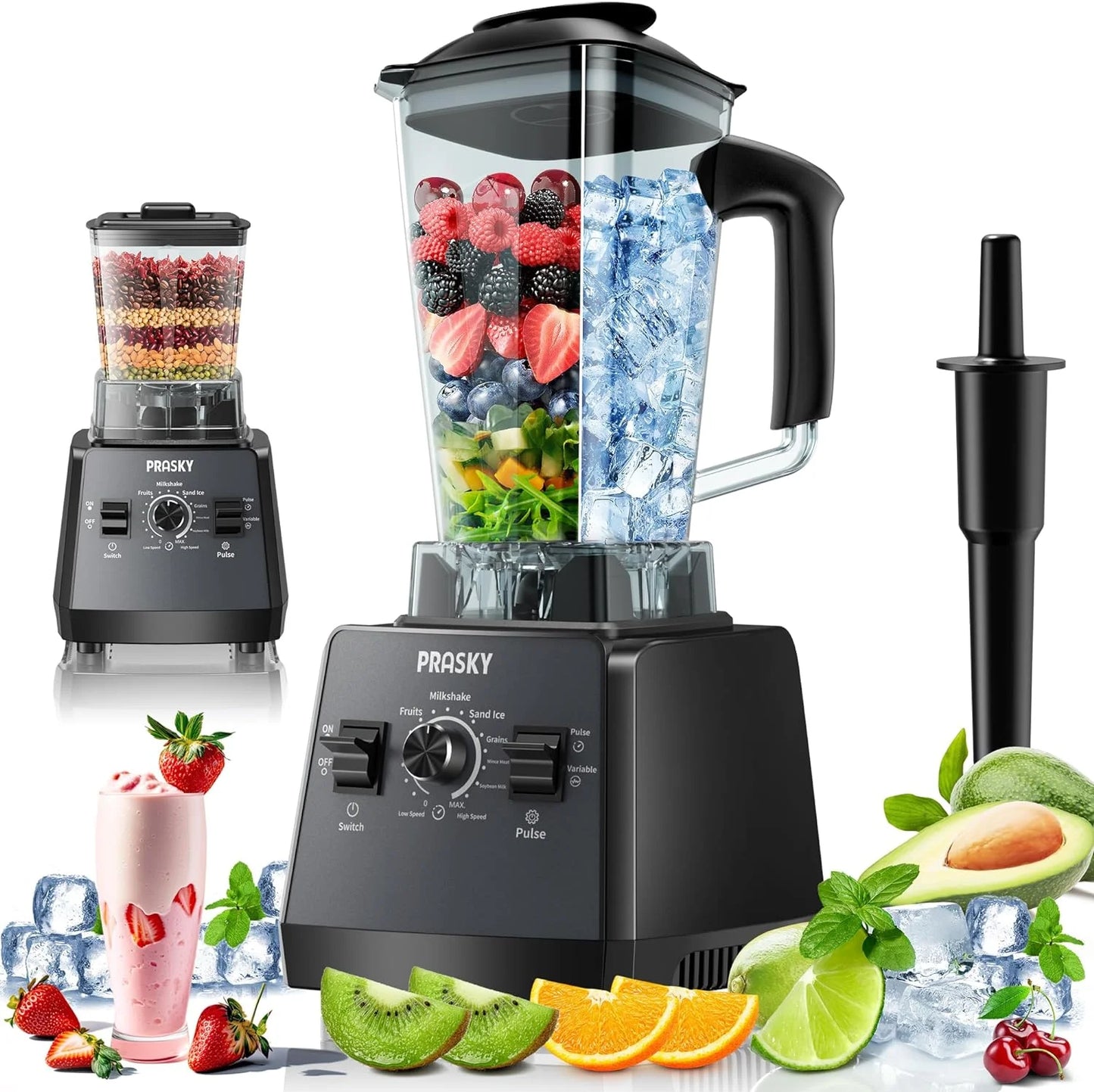 PRASKY Countertop Blender, Blenders for Kitchen with 1000W Motor, 70oz Large Capacity, Professional Blenders for Smoothies, Juicers, Coffee Beans, Grains, and Spices (Black)