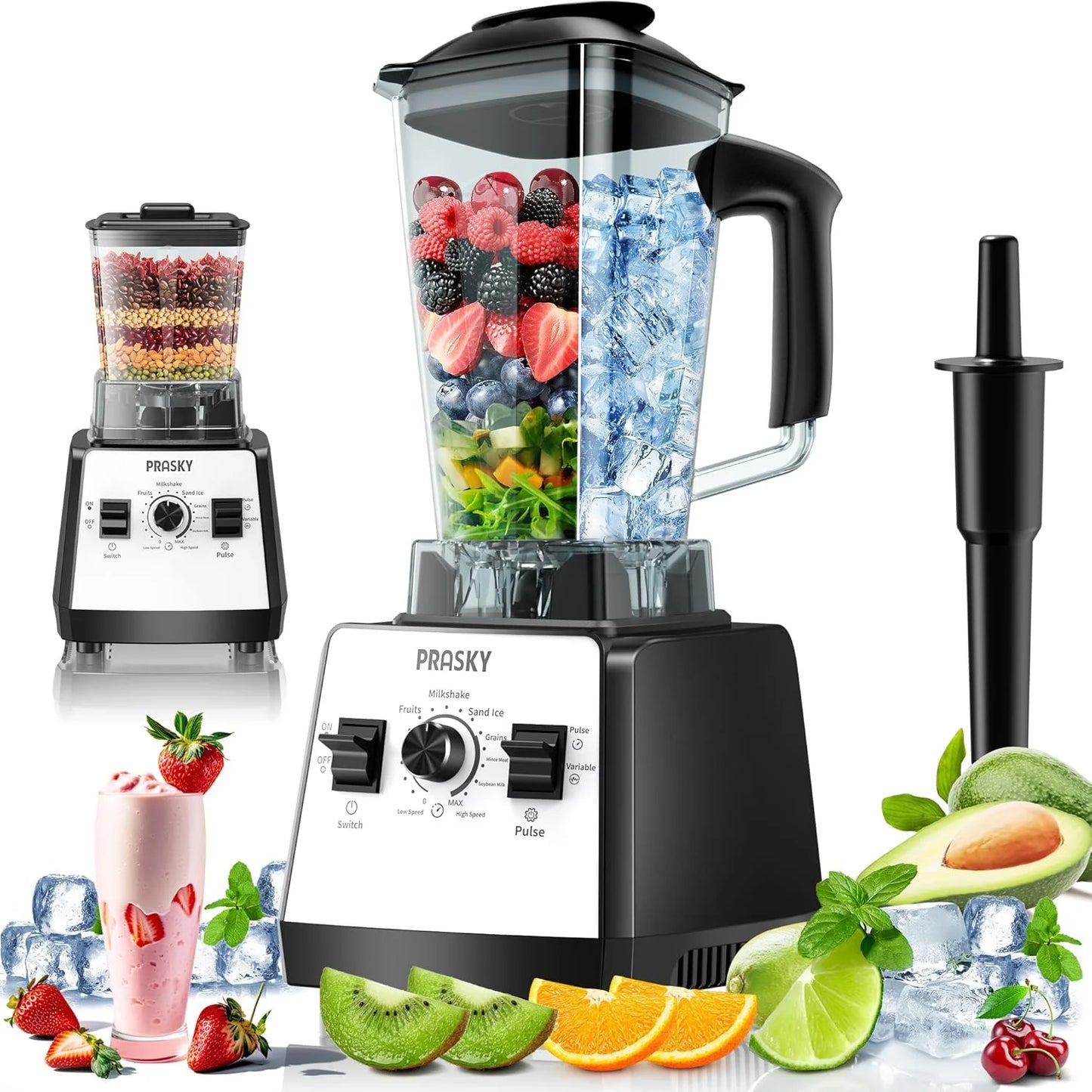 PRASKY Countertop Blender, Blenders for Kitchen with 1000W Motor, 70oz Large Capacity, Professional Blenders for Smoothies, Juicers, Coffee Beans, Grains, and Spices (Black)