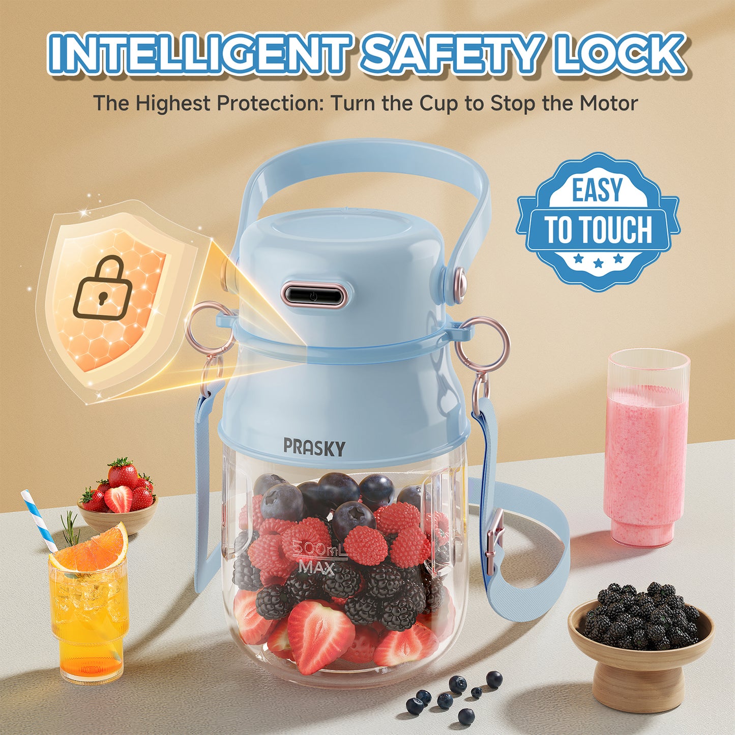 PRASKY Portable Blender, BPA Free 27oz for Juicer, Smoothies and Shakes (Blue)