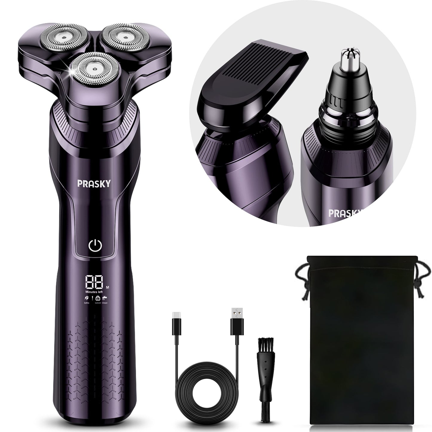 Electric Razor for Men, 3-in-1 Face Shaver, Rotary LED Display, Rechargeable, Floating Head, Replaceable Blades, Portable Travel Beard Trimmer, Hair Clippers Kit, Ideal Gift - Purple