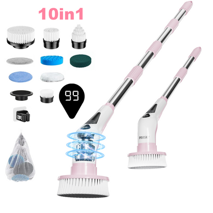 Cleaning Brush Set Electric Cleaning Brush with 9 Interchangeable Brush Heads, Multiple Detachable Parts, Electric Bath Brush, 9 Interchangeable Brush Heads Bathroom Cleaning Set, 30-130 cm Extension Pole with Digital Display
