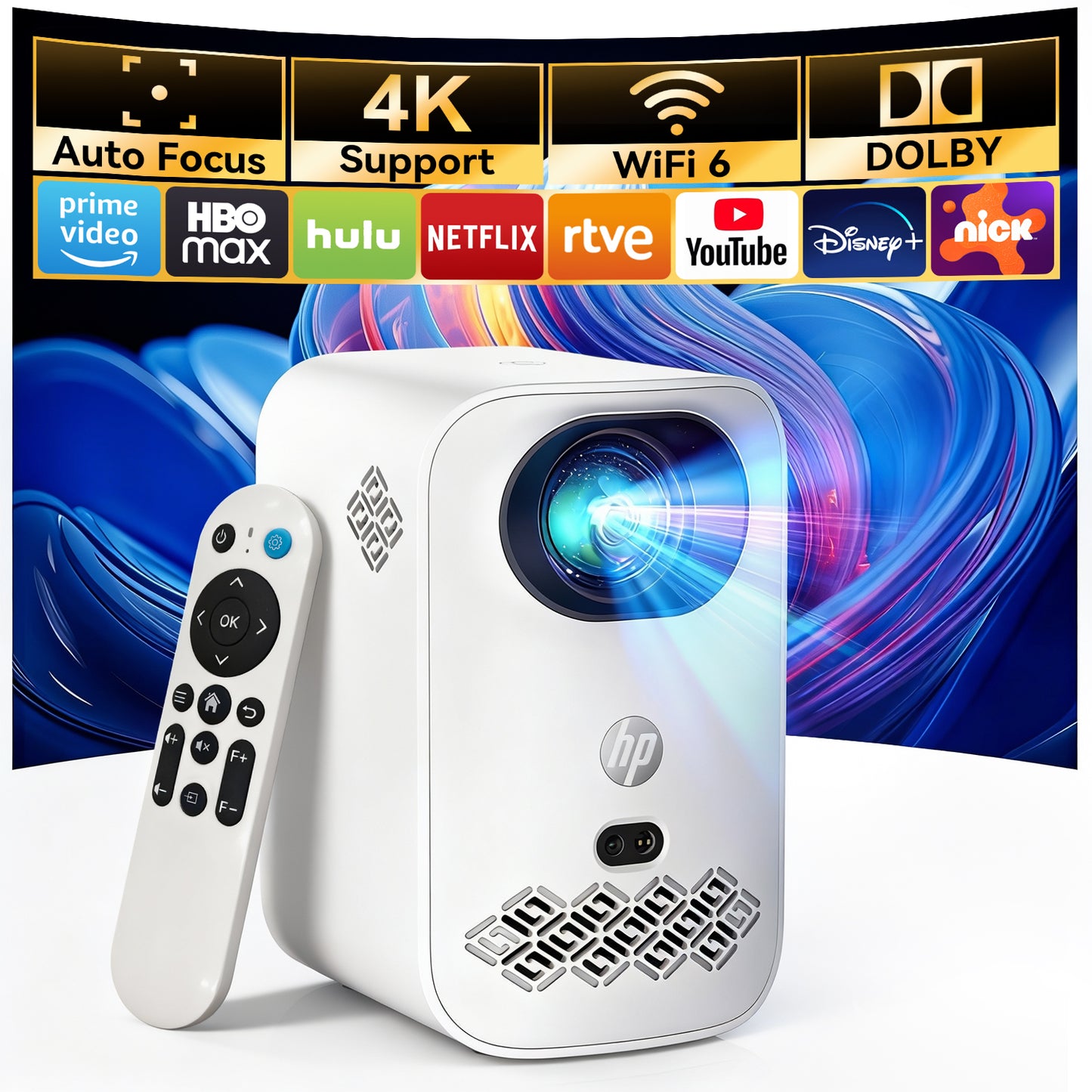 HP CC360 FHD Smart Projector with Wi-Fi, Bluetooth, Wireless Projection, Auto Focus, 4K Support for Netflix, Disney+