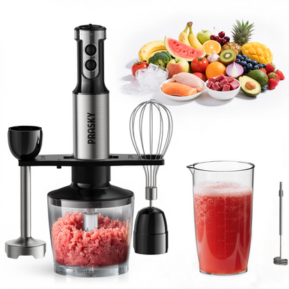 PRASKY Immersion Hand Blender, 6-in-1 Handheld Blender for Kitchen, 20 Speeds Food Processor, Egg Whisk, Milk Frother, Beaker (Black)