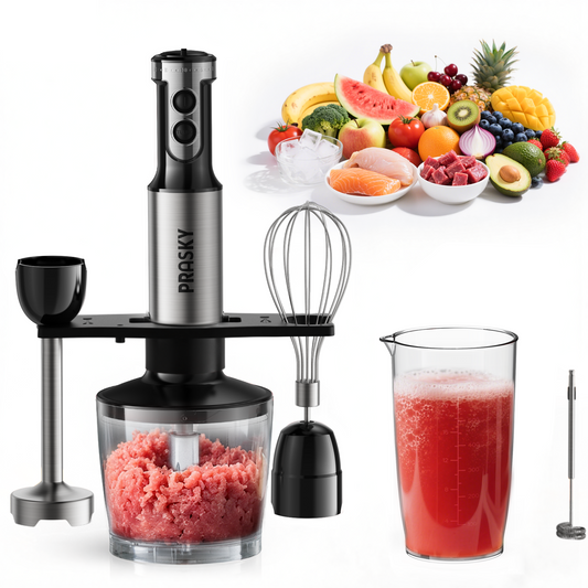 PRASKY Immersion Hand Blender, 6-in-1 Handheld Blender for Kitchen, 20 Speeds Food Processor, Egg Whisk, Milk Frother, Beaker (Black)