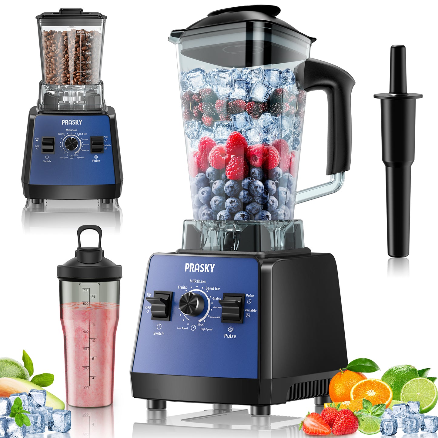 2026 PRASKY Countertop Blender, 2-in-1 Professional Blender, 68oz Capacity 1000W 6 Speeds Blender for Kitchen with 25oz to-go Cup (Blue)
