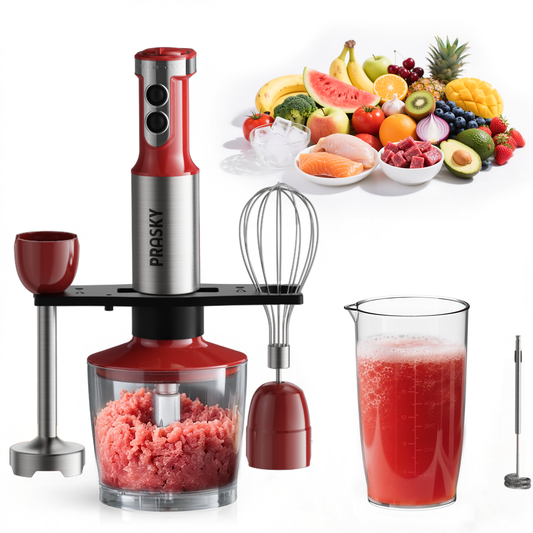 PRASKY Immersion Hand Blender, 6-in-1 Handheld Blender for Kitchen, 20 Speeds Food Processor, Egg Whisk, Milk Frother, Beaker (Red)